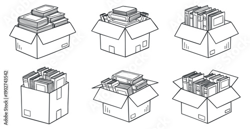 A collection of six boxes filled with books and documents in clean outline vector style, ideal for organizational and moving designs
