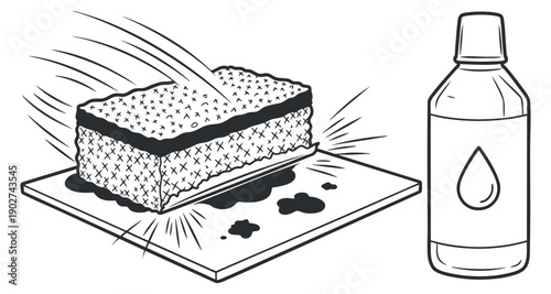A cleaning sponge and a bottle of detergent in outline vector style, ideal for cleaning product branding and illustrations