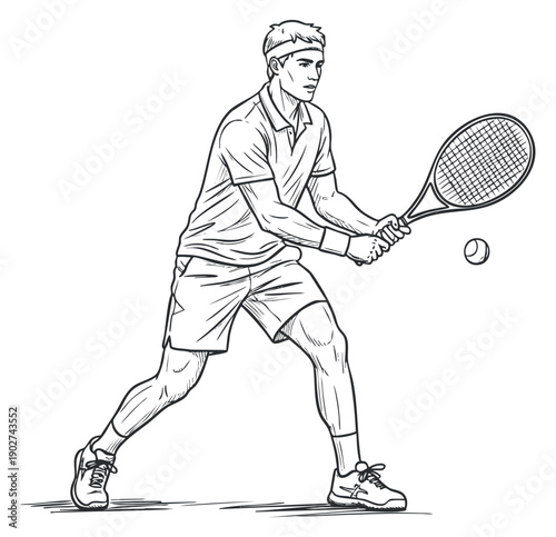 A male tennis player in action hitting a ball with a racquet in a detailed line art sketch style, suitable for sports-related designs