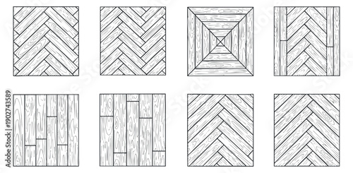 A collection of nine hand-drawn wood flooring patterns in black and white minimalist vector style, ideal for interior design projects