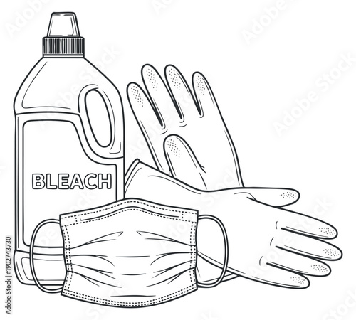 A bottle of bleach, a pair of gloves, and a facemask in outline vector style, ideal for health and safety themes