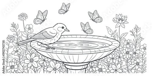 A bird bathing in a birdbath surrounded by flowers and butterflies in black and white outline vector style, ideal for nature-themed coloring books or illustrations