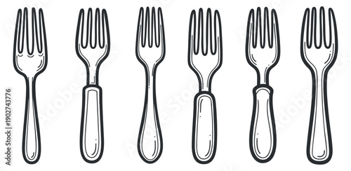 A set of six different fork designs in black and white outline vector style, ideal for culinary and kitchen-themed projects