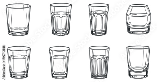 A collection of different glass types including shot glasses, tumblers, and whiskey glasses in a minimalist outline vector style, perfect for bar and restaurant design
