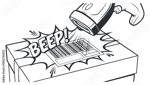 A barcode scanner beeping upon scanning a product in a minimalist line art vector style, suitable for retail and technology contexts