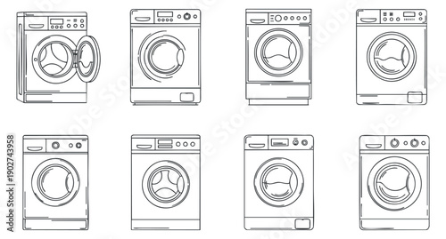 A collection of washing machines in outline vector style, featuring various designs for home appliance illustrations