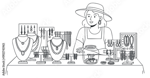 A woman showcasing various jewelry pieces including necklaces and earrings in a black and white line art style, ideal for fashion and retail design