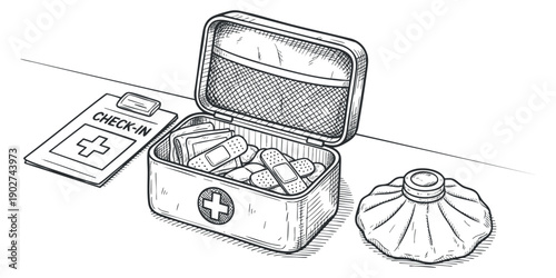 A first aid kit with band-aids and a check-in form in detailed black and white outline vector style, ideal for health-related projects