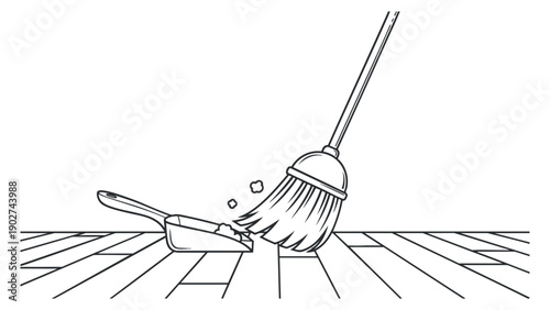 A broom and dustpan in a minimalist black and white outline vector style, ideal for cleaning service branding and home care projects