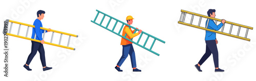 Man carrying ladder indoors while walking with different styles, transparent background, isolated, vector