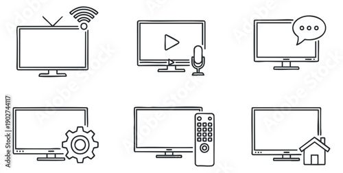 A set of six technology icons including a television, settings gear, microphone, and remote control in flat outline vector style, suitable for digital media design