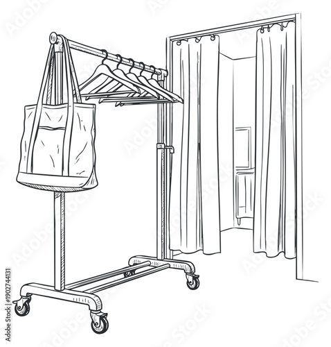 A clothing rack with hangers and a tote bag in a minimalist outline vector style, suitable for interior design and fashion concepts