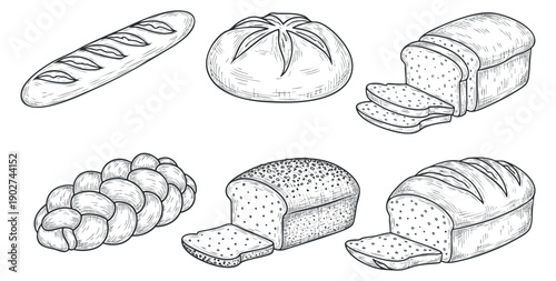 A collection of various bread types including baguette, round loaf, braided bread, and sliced loaves in black and white outline style, ideal for bakery branding and food illustrations