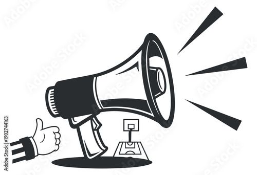 A megaphone with a thumbs up gesture in black and white outline vector style, ideal for communication and marketing projects