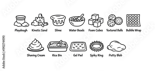 Fidget Sensory Linear Icon Set. Featuring Playdough, Kinetic Sand, Slime, Water Beads, and Foam Cubes