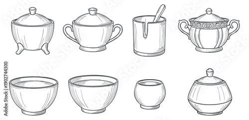 A collection of decorative bowls, jars, and cups in outline minimalist vector style, perfect for kitchenware design