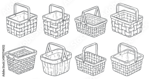 A collection of eight different wicker baskets in linear outline vector style, perfect for home decor and crafting projects