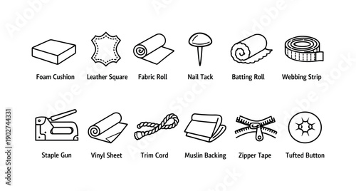 Foam Cushion, Leather Square, Fabric Roll, Nail Tack, Batting Roll