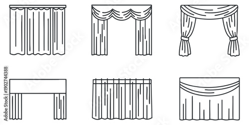 A collection of six different curtain designs in minimalist black and white line art style, suitable for interior design projects