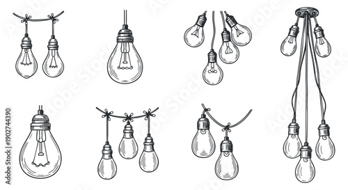 A collection of vintage light bulbs in outline vector style, perfect for home decor and lighting design projects