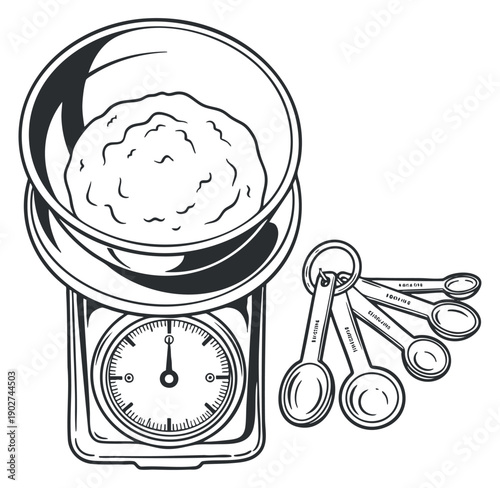 A kitchen scale with a bowl of flour and measuring spoons in black and white vector style, ideal for culinary projects and recipes