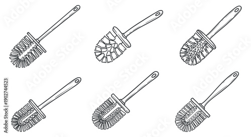 A set of toilet brushes in black and white outline vector style, suitable for cleaning service branding and illustrations
