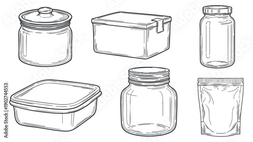 A set of various kitchen storage containers, including jars and boxes, in clean outline vector style, suitable for kitchenware design projects