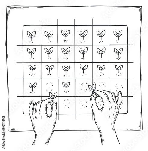A pair of hands sowing seeds in a grid of small plant sprouts in black and white outline style, ideal for gardening and agriculture themes