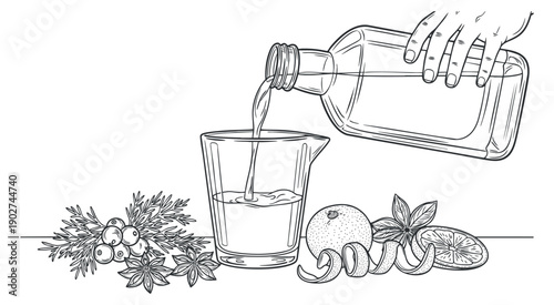 A hand pouring a refreshing drink from a bottle into a glass, illustrated in minimalist outline vector style, ideal for beverage branding and recipe design