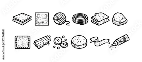 Craft Supplies Linear Icon Set. Featuring fabric, yarn, rings, stones, patches, wood, buttons, ribbons, glue