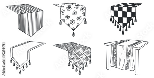 A collection of six decorative tablecloth designs in black and white outline vector style, suitable for home decor and interior design projects