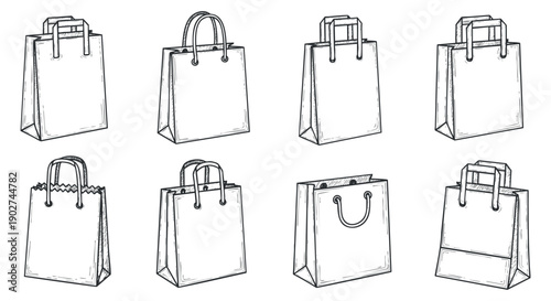 A collection of various shopping bags in black and white outline vector style, ideal for retail and packaging designs