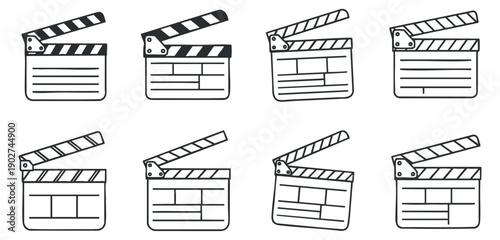 A set of eight clapperboards in black and white outline vector style, perfect for filmmaking and media projects