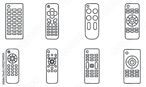 A set of eight remote control icons in simple black outline vector style, suitable for technology and electronics design