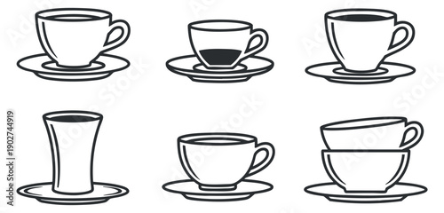 A set of various cups and saucers in black and white outline vector style, perfect for café branding and menu design