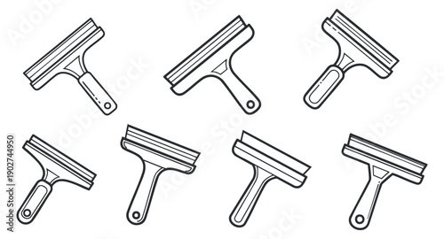 A set of various squeegee tools in black and white outline vector style, suitable for cleaning and maintenance projects