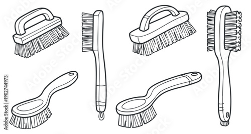 A collection of various cleaning and grooming brushes in minimalist black and white outline vector style, suitable for household and beauty design projects