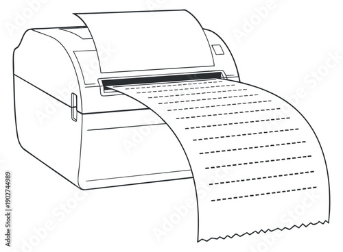 A printer with a sheet of paper being printed in outline black and white vector style, suitable for office and technology projects