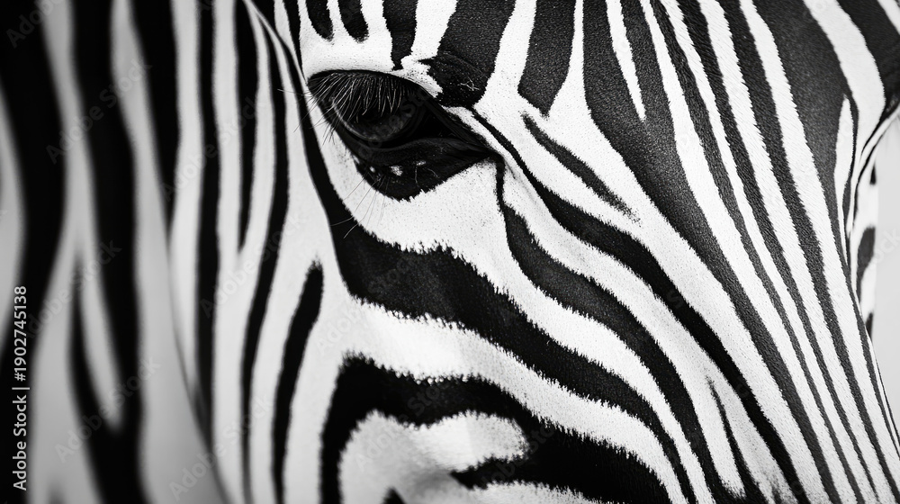 Fototapeta premium Close-up of a zebra's eye, showcasing its distinctive striped pattern. The image is a striking black and white portrait, highlighting the zebra's unique features AI Generative