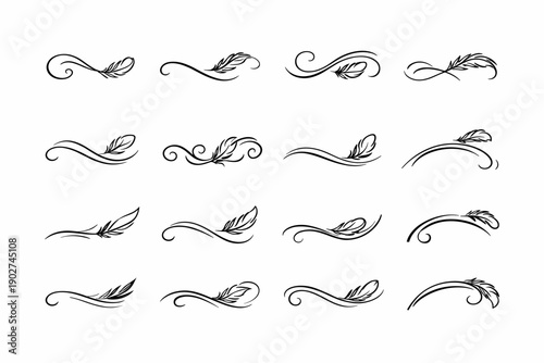 Ornament airy icon flourish set feather stylistic feathered arc quirky decorative vector