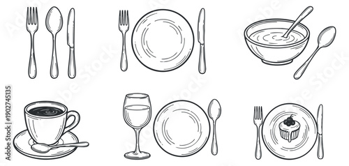 A collection of dining utensils and tableware including forks, spoons, plates, bowls, and cups in a black and white hand-drawn style, suitable for kitchen and restaurant design