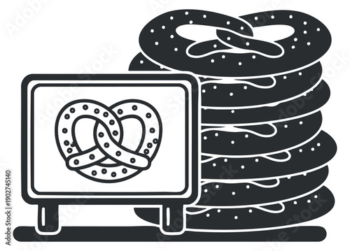 A collection of pretzels with a sign displaying a pretzel icon in black and white minimalist vector style, ideal for bakery menus