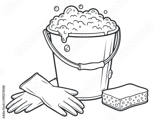 A cleaning bucket filled with sudsy water, gloves, and a sponge in flat outline vector style, ideal for cleaning service designs