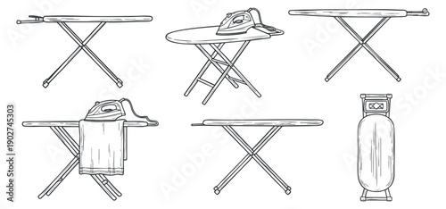 A collection of ironing boards and irons in a minimalist black and white vector style, ideal for home care and laundry services
