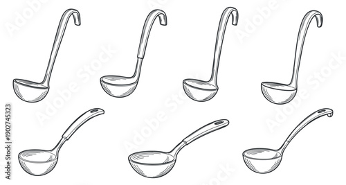 A collection of six hand-drawn kitchen ladles in black and white outline vector style, perfect for culinary design projects