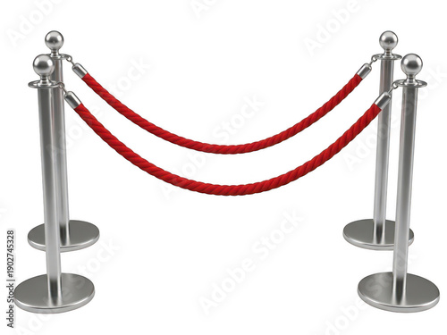 A red rope barrier with silver stanchions isolated on transparent background