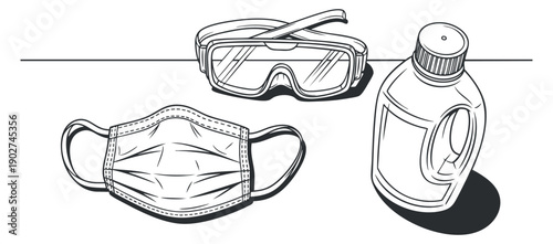 A collection of a face mask, safety goggles, and a sanitizer bottle in black outline vector style, ideal for health and safety projects