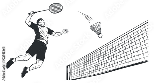 A badminton player leaping to hit a shuttlecock over the net in black and white line art style, suitable for sports illustrations