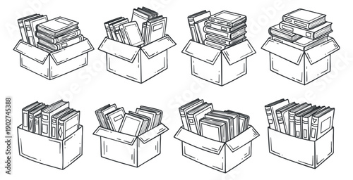 A collection of six boxes filled with various books in outline minimalist vector style, suitable for educational and organizational projects