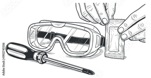 A pair of safety goggles and a screwdriver held by hands in black and white outline vector style, suitable for safety manuals and maintenance guides